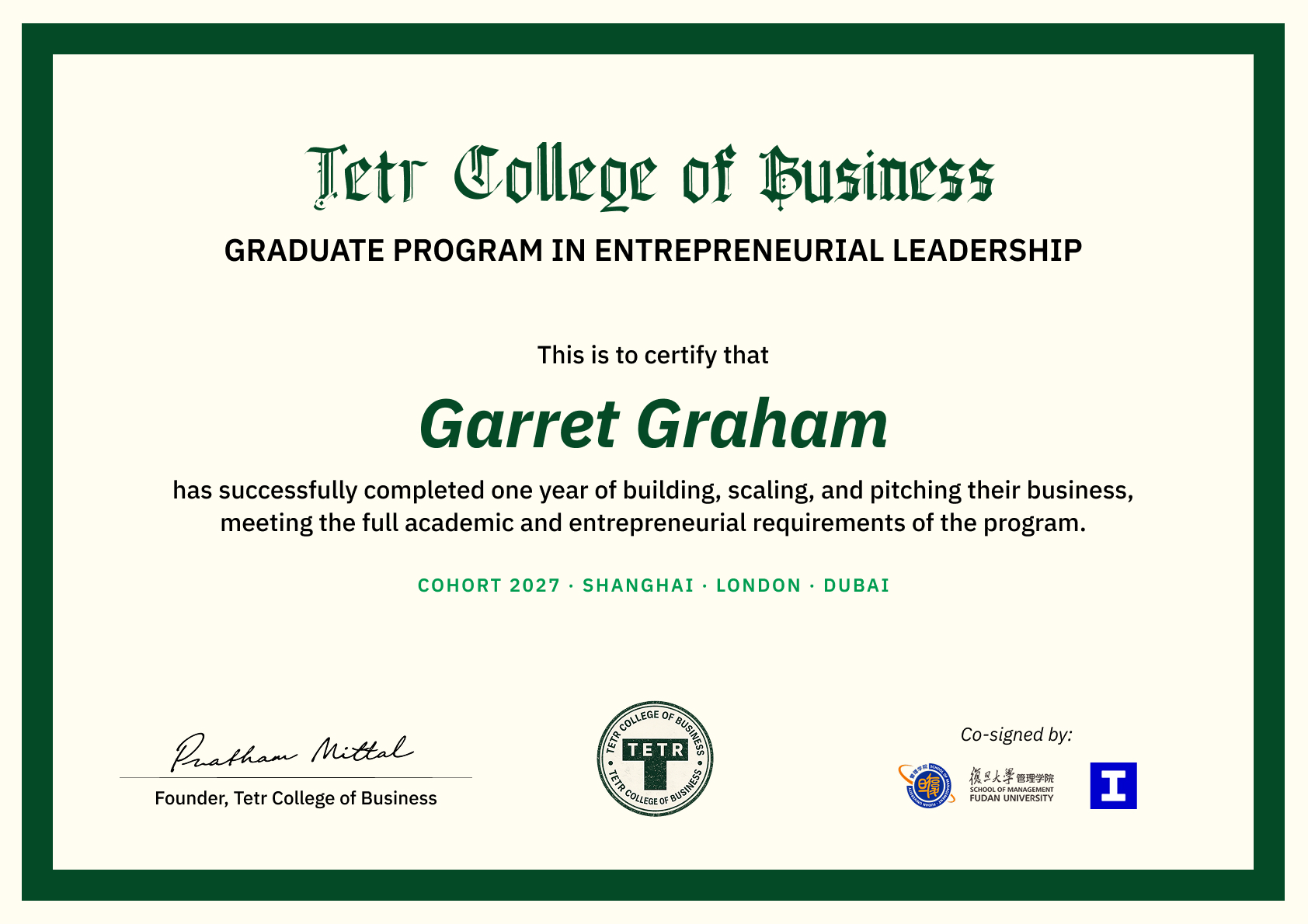GIEP graduation certificate co-signed by Fudan University and Imperial College Business School